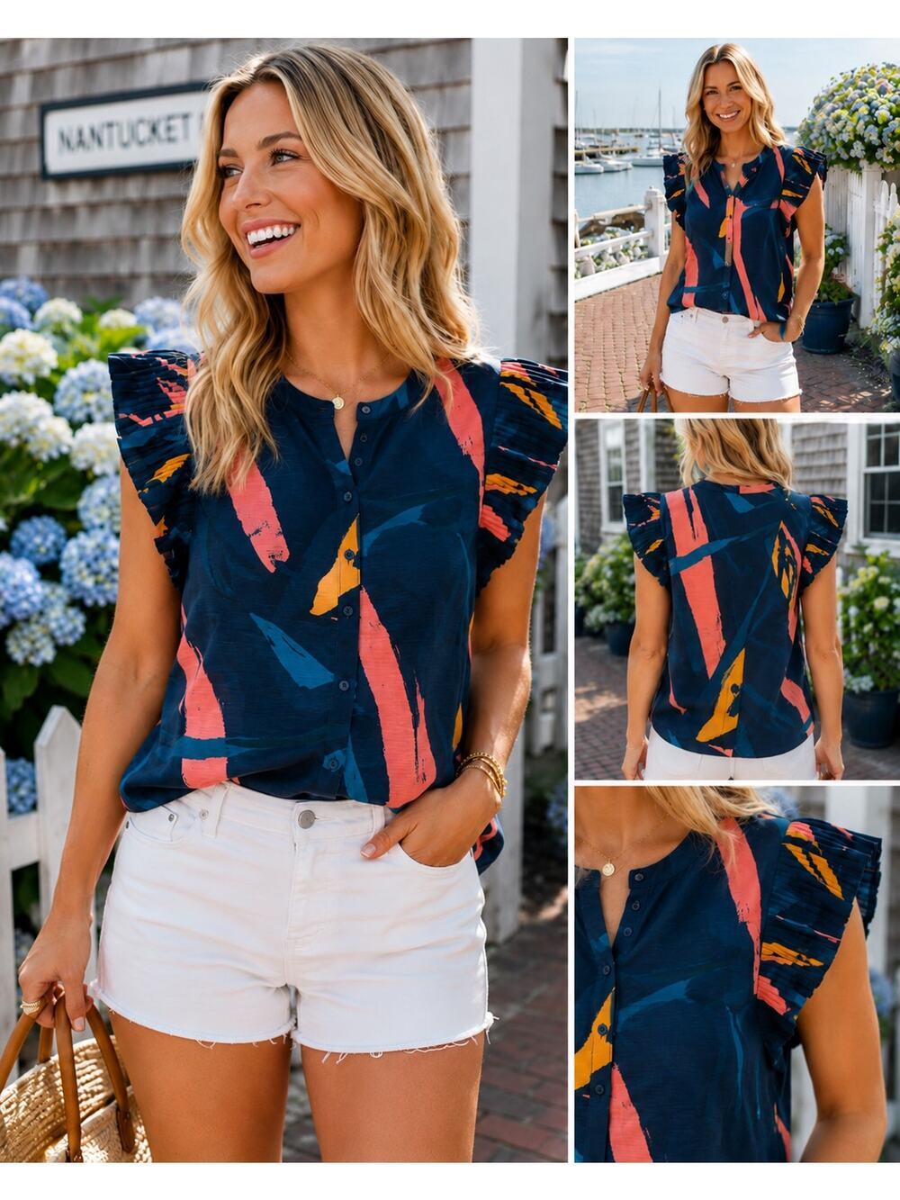 NWT Vineyard Vines Tropical Abstract Flutter Sleeve Top Linen Silk Coastal Small